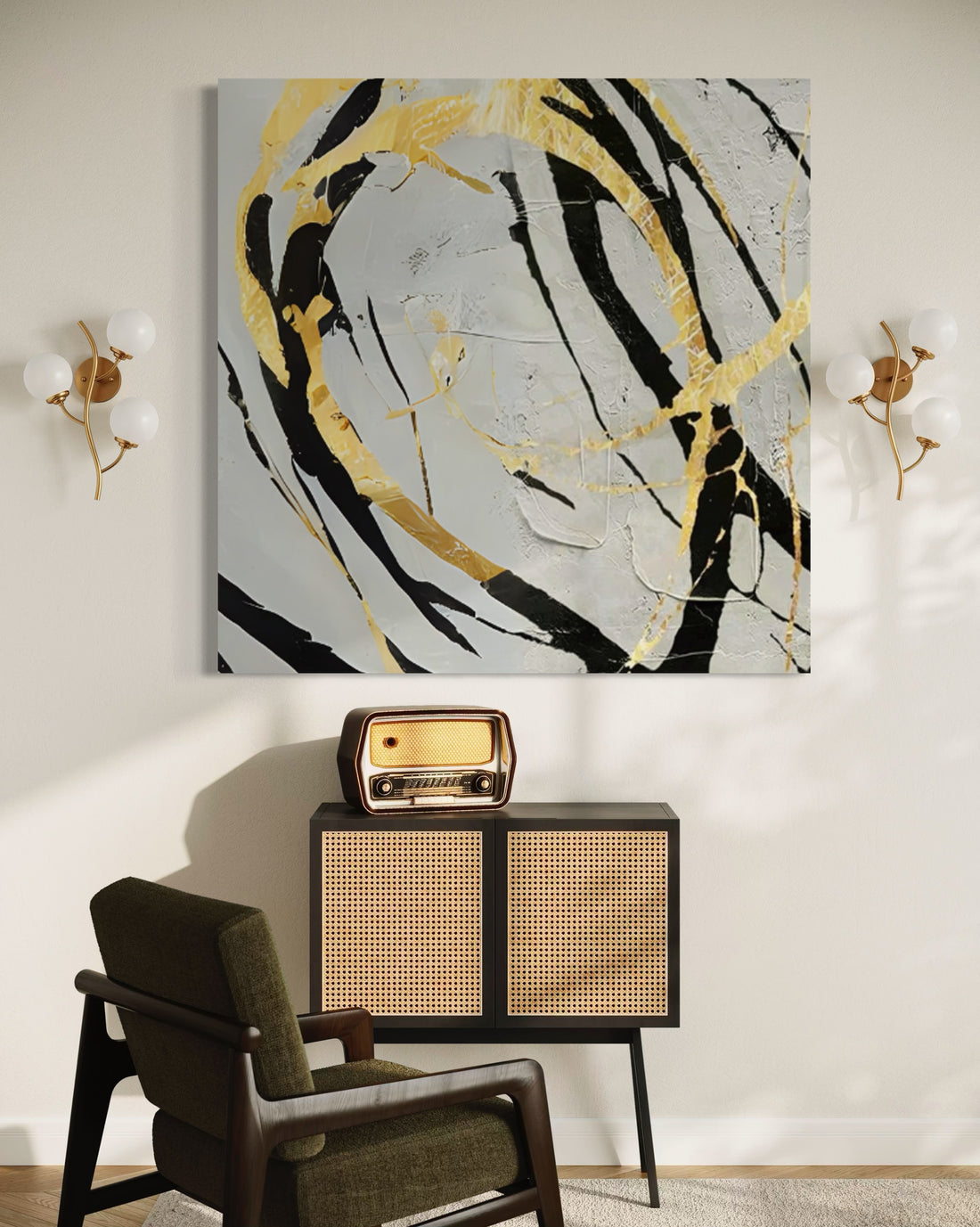 Hand-painted wall art in noir and gold by Kline Collective® enhancing an elegant living space.