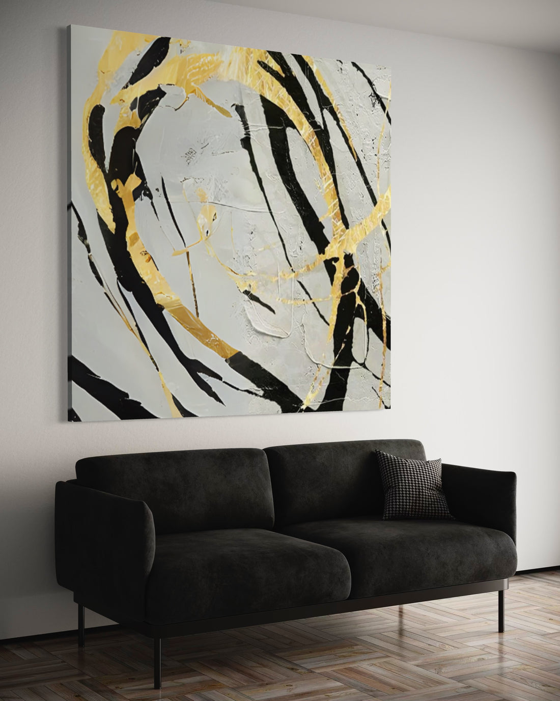 Noir and Gold Harmony wall art by Kline Collective, hand-painted, ready to hang, adds elegance to modern decor.