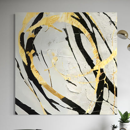 Hand-painted wall art with black and gold abstract design, framed, ready to hang, by Kline Collective, artist John Rey U.