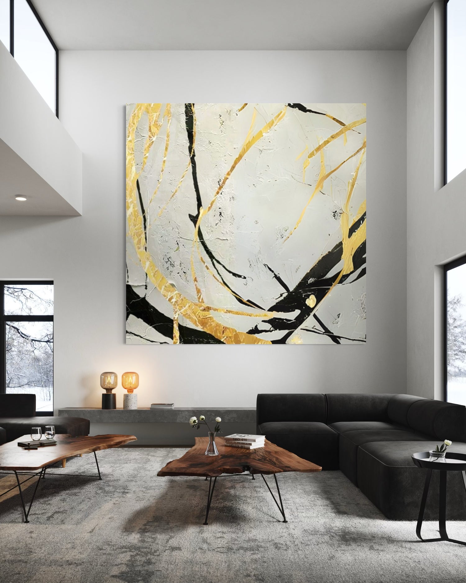 Noir and Gold Harmony 2 abstract art in luxury modern living room with black and gold colors.