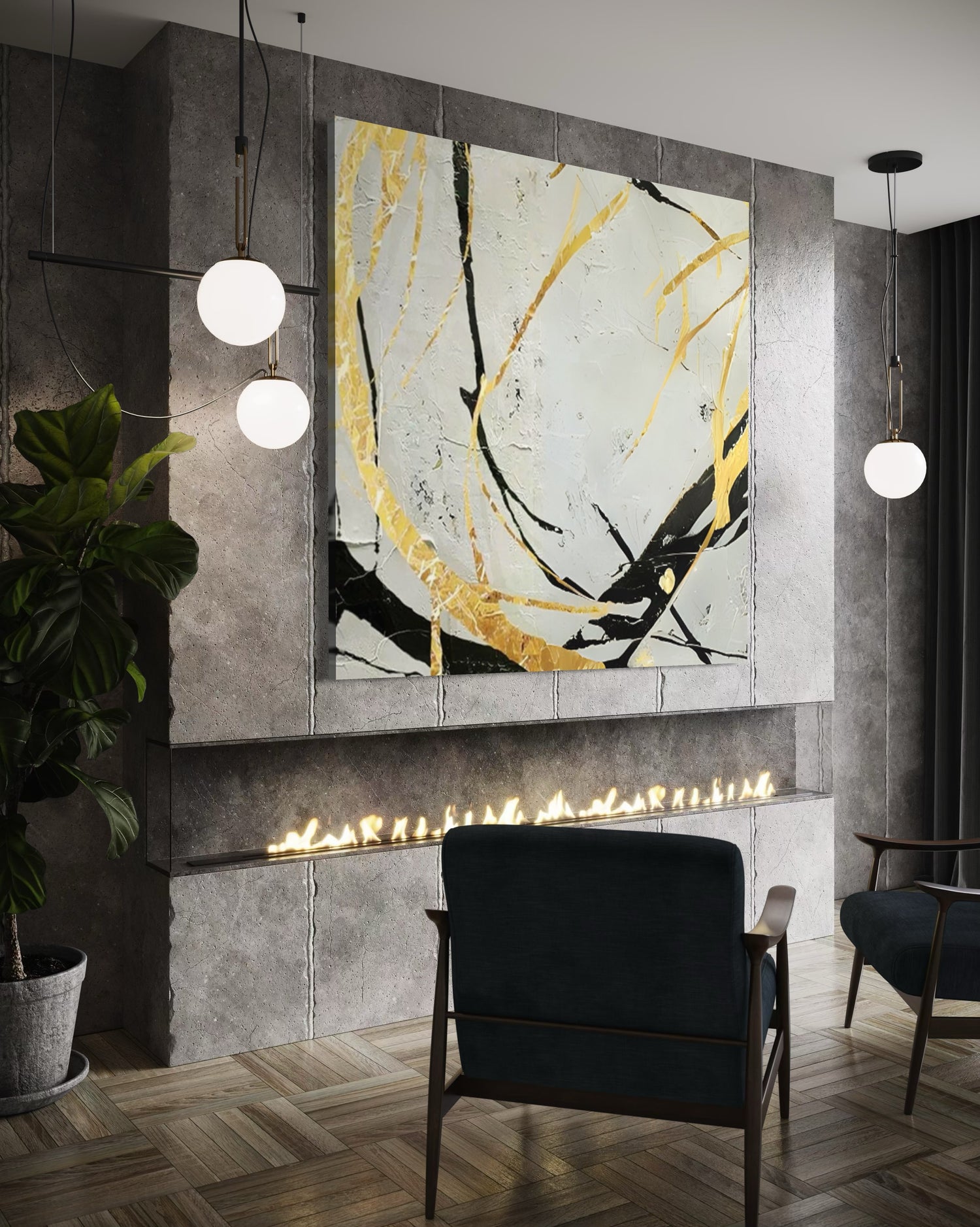 Noir and Gold Harmony 2 abstract artwork above a modern fireplace in a stylish living room setting.