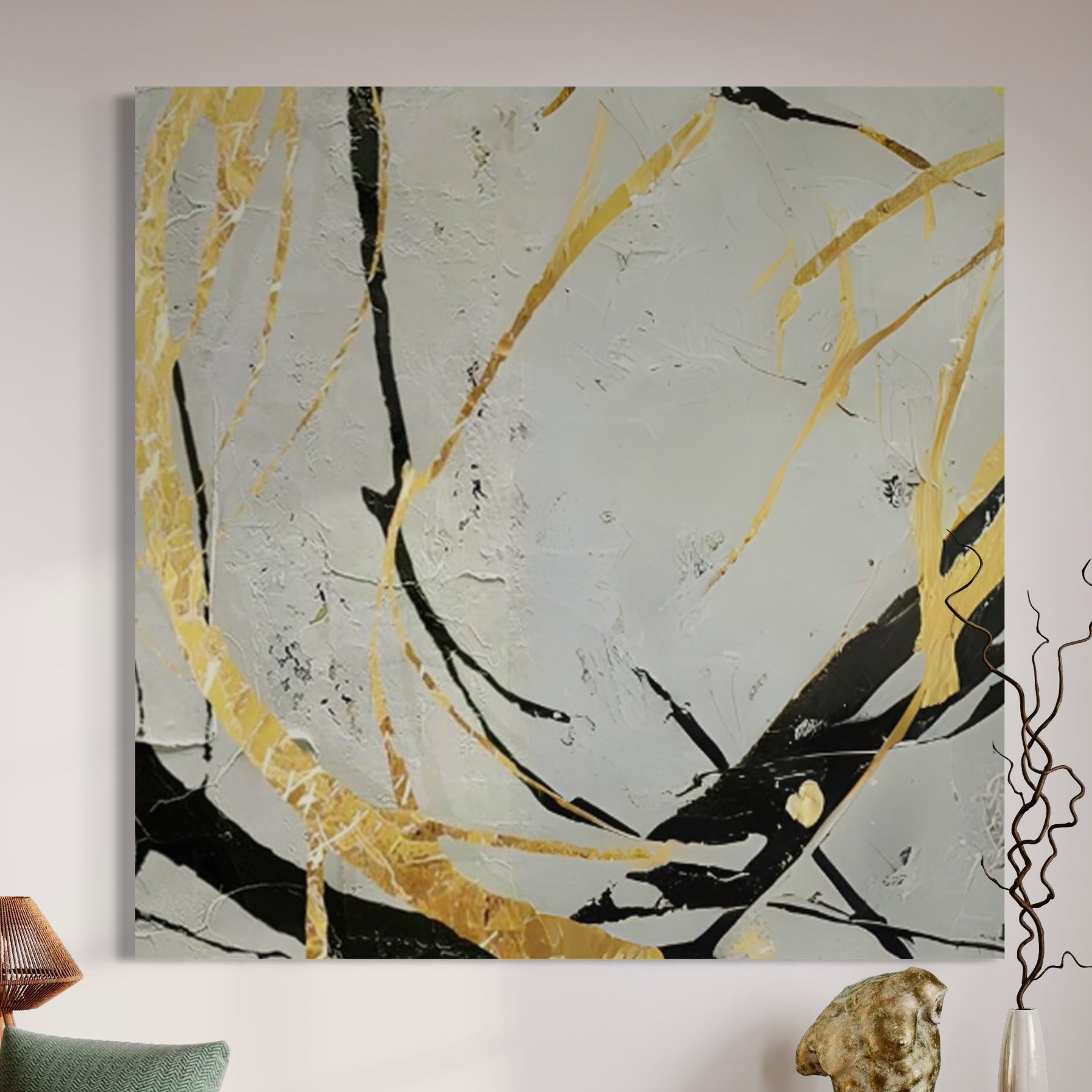 Abstract artwork Noir and Gold Harmony 2 by John Rey U, featuring bold black and gold contrasting lines.