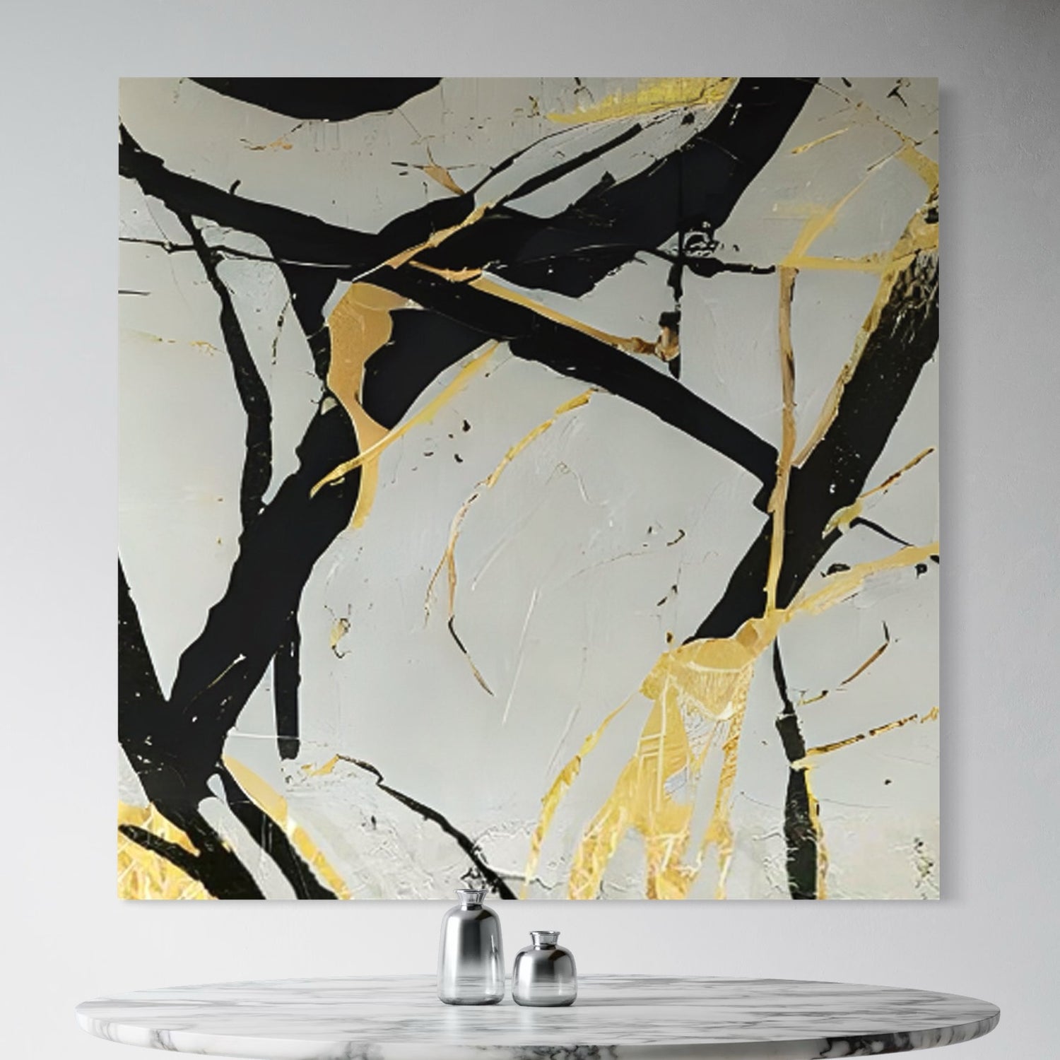 Noir and Gold Harmony 3: Hand-painted wall art by John Rey U, featuring black and gold abstract design, ready to hang.