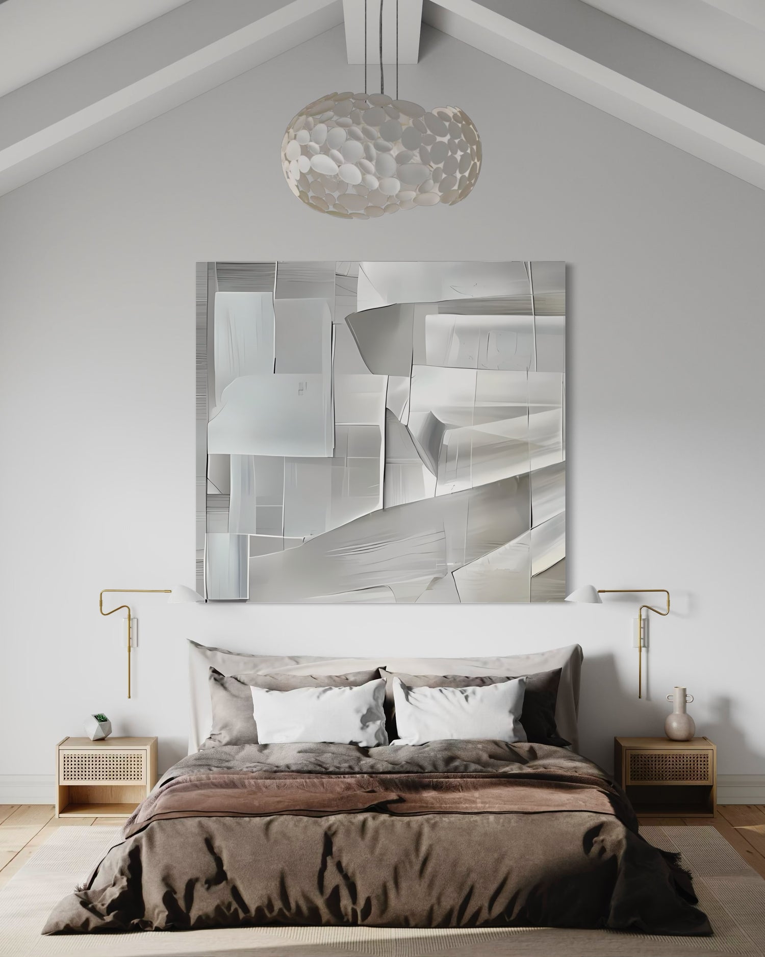 Hand-painted wall art &quot;Polished Lines&quot; by Kline Collective, enhancing modern bedroom decor with elegance.