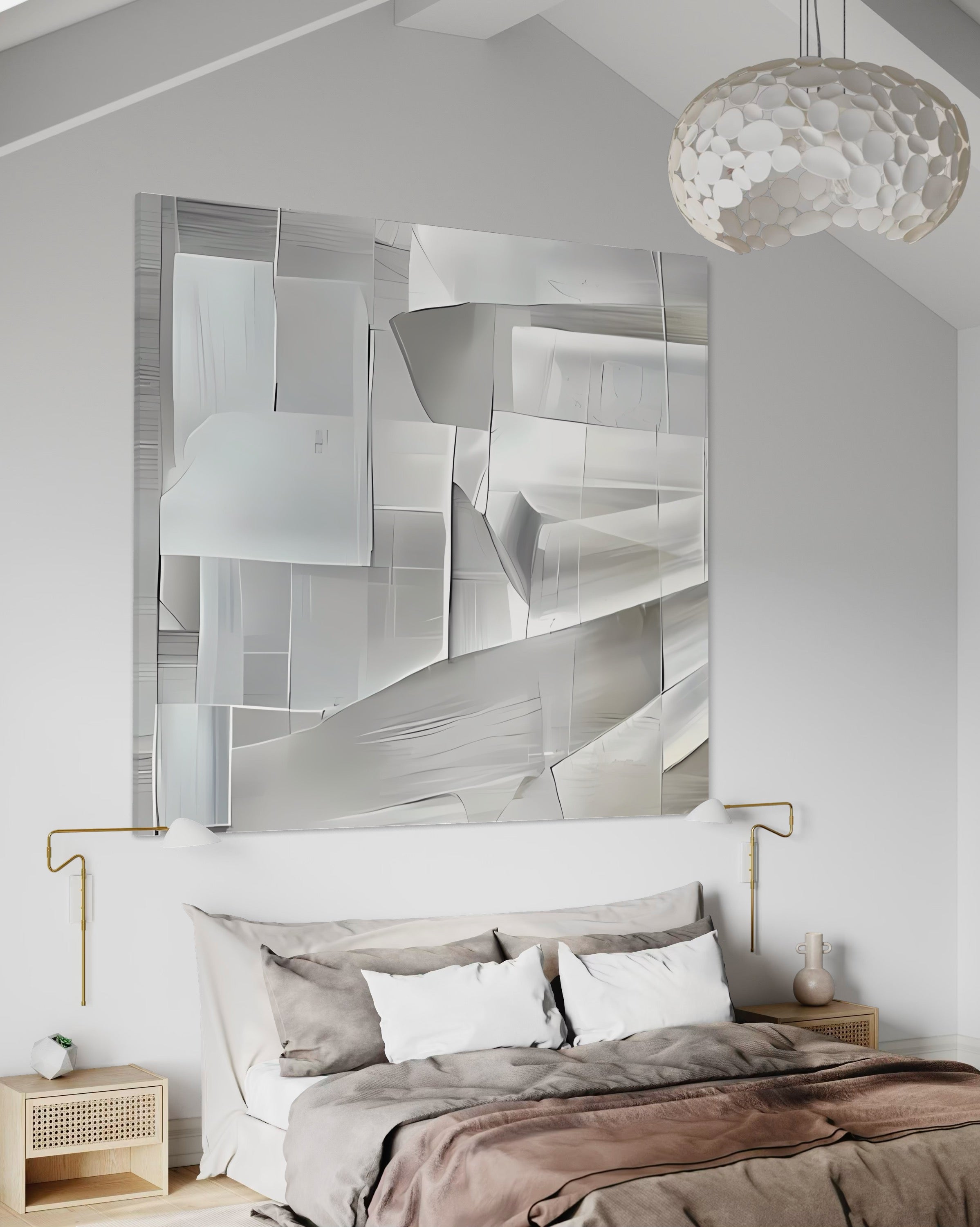 Polished Lines artwork by Kline Collective, hand-painted on canvas, enhancing modern bedroom decor.