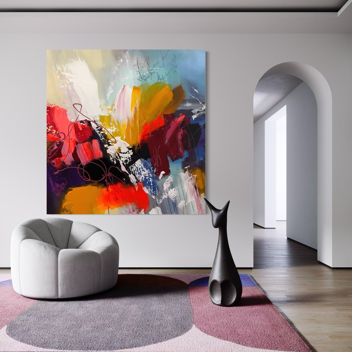 Prismatic Madness wall art by Kline Collective® enhances modern interiors with vibrant colors and abstract design.