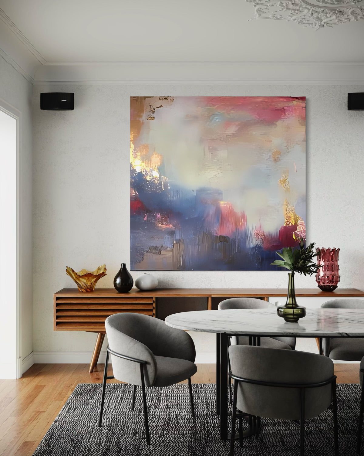 Purple Gold Flash artwork by John Rey U. in modern dining room, expressing luxury and elegance. Pinturas más vendidas