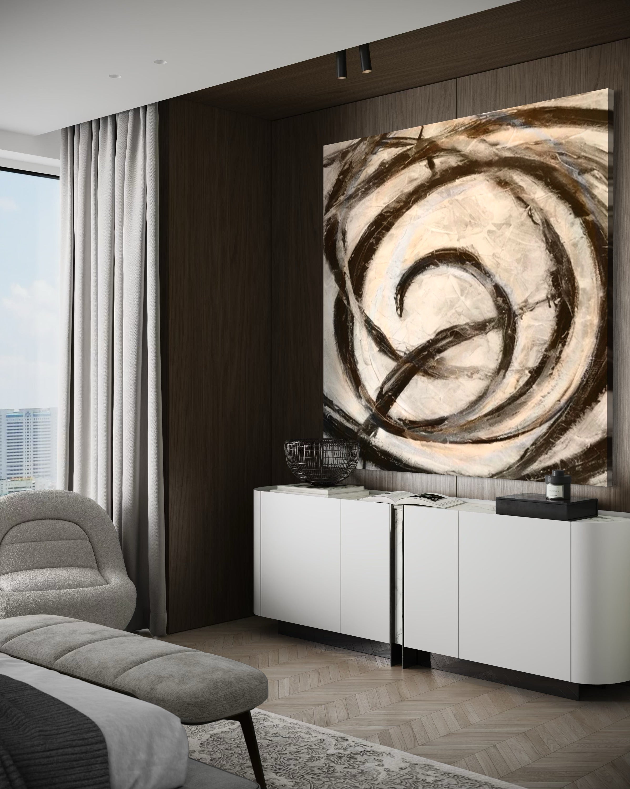 Hand-painted wall art, Shadowed Threads, by Kline Collective® in a modern living space with soft colors.