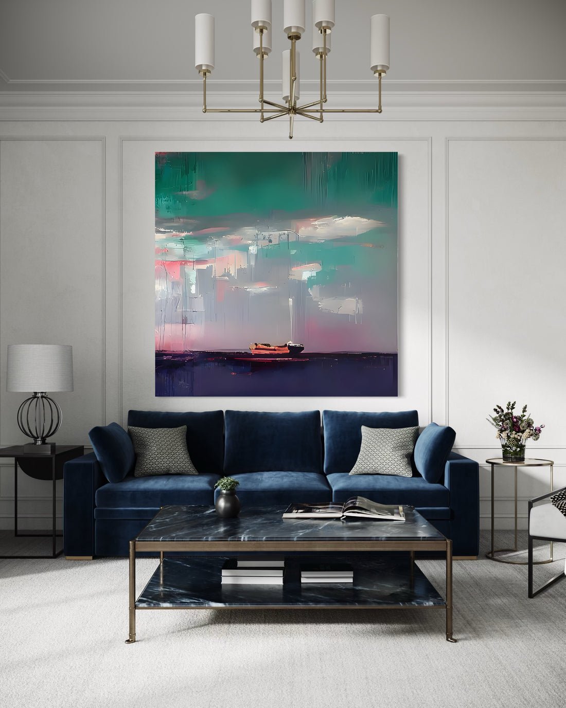 Hand-painted wall art of a boat over a vibrant sky, perfect for elevating home decor with Kline Collective®.