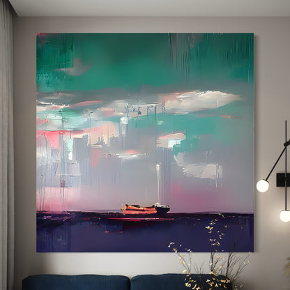 Hand-painted wall art featuring a boat against a colorful sky, curated by Kline Collective® for a vibrant home decor.