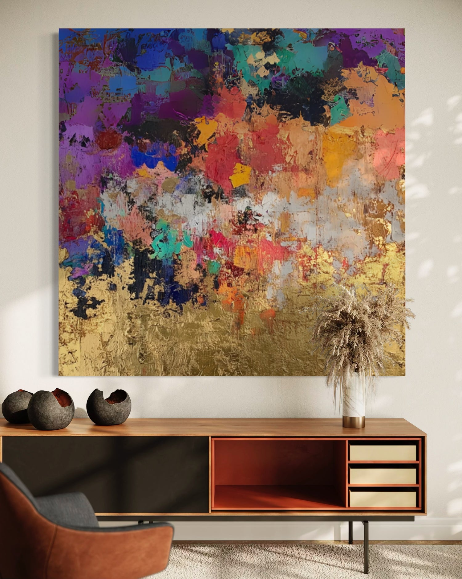 Vibrant hand-painted wall art by Kline Collective, adding color and vitality to modern home interiors.