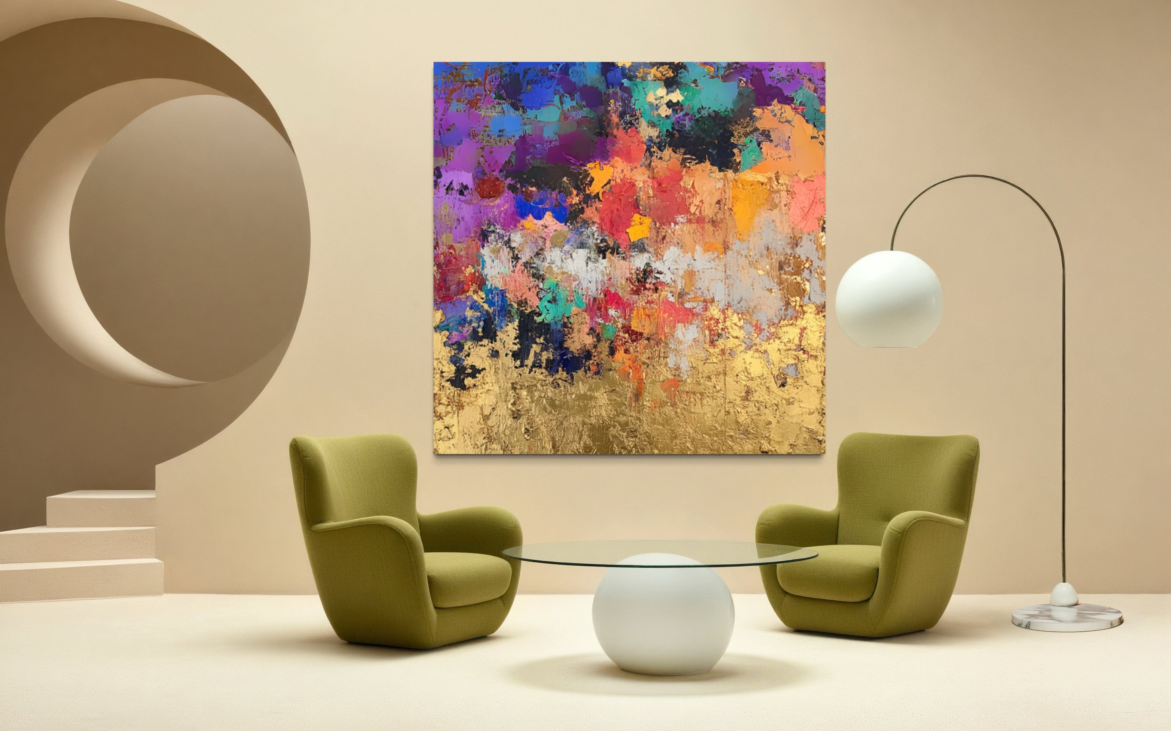 Vibrance and Valor wall art by Kline Collective, hand-painted canvas bringing color and vitality to modern interiors.