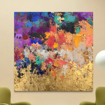 Vibrance and Valor hand-painted wall art by Kline Collective, featuring colorful abstract design and gold accents.