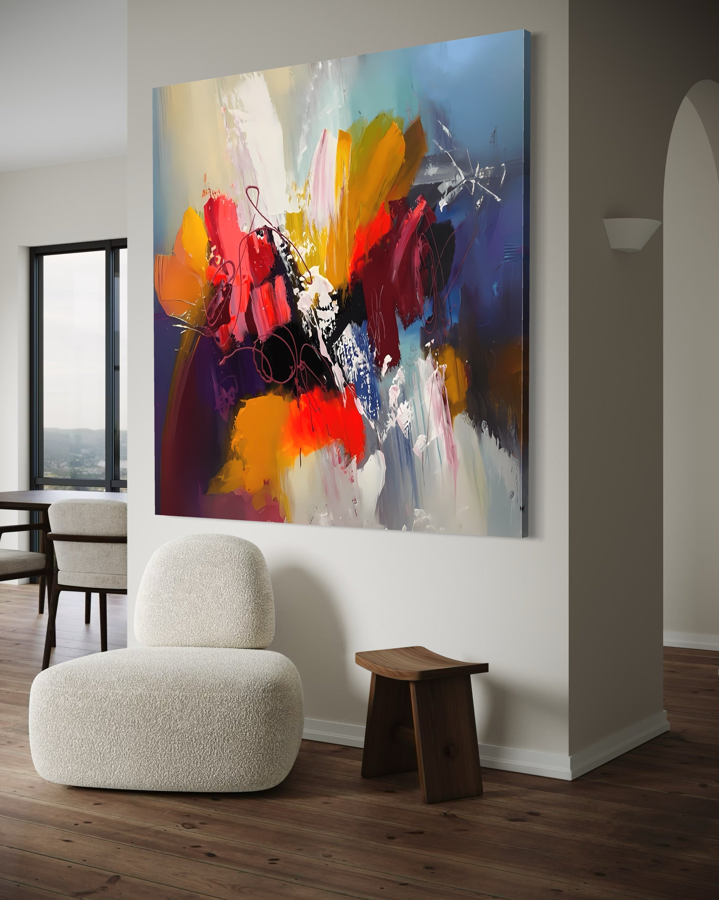 Vibrant Frenzy abstract artwork featuring fiery reds and oranges in a modern interior setting.