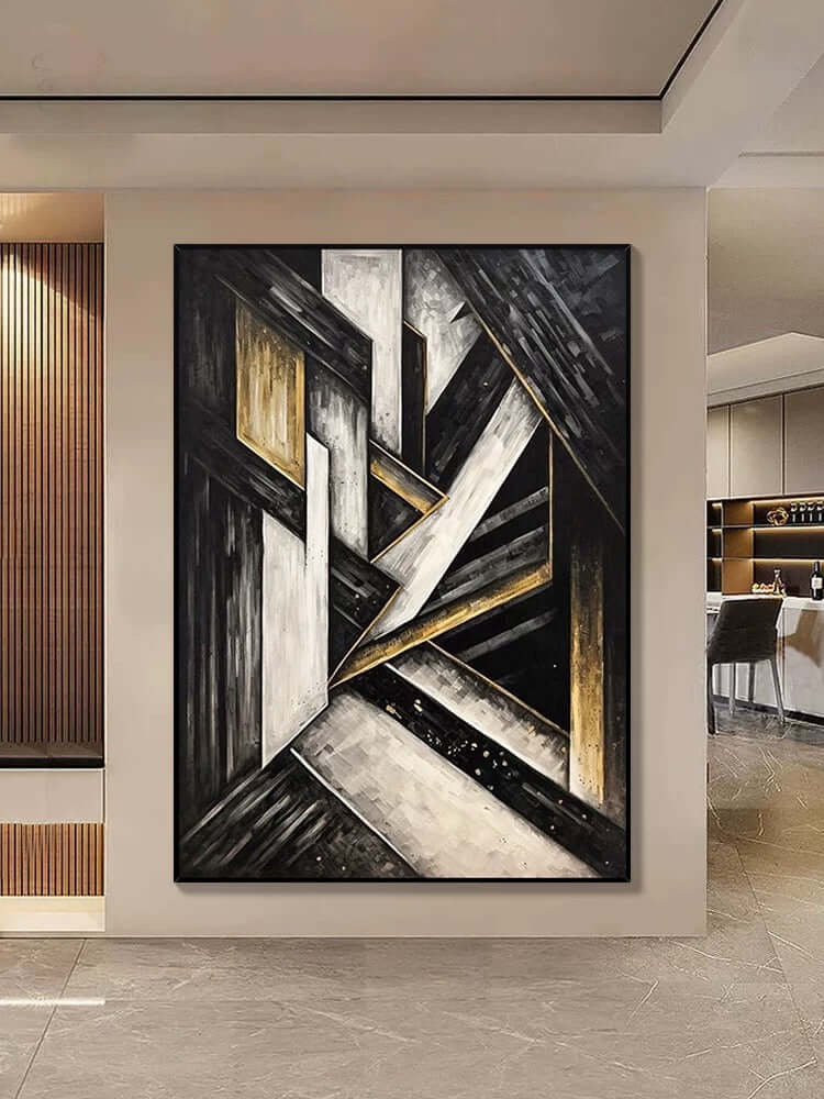 Arte murale testurizzata geometrica nera e dorata