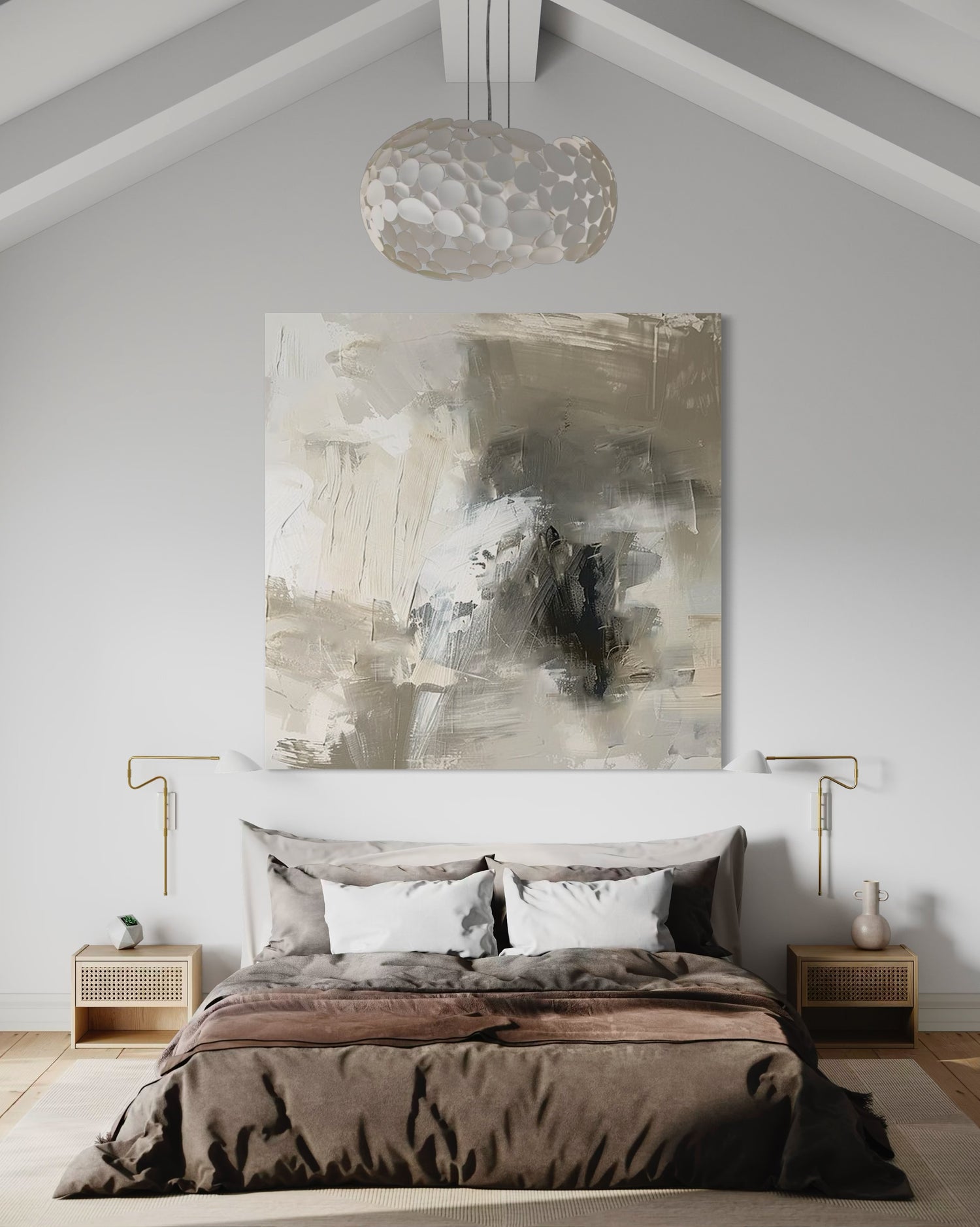 Whispers of Ash wall art above a cozy bed, hand-painted by John Rey U, adding elegance and warmth to the space.