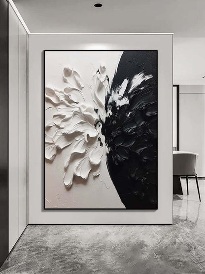 Black and White Floral Style Textured Wall Art - Hand Painting