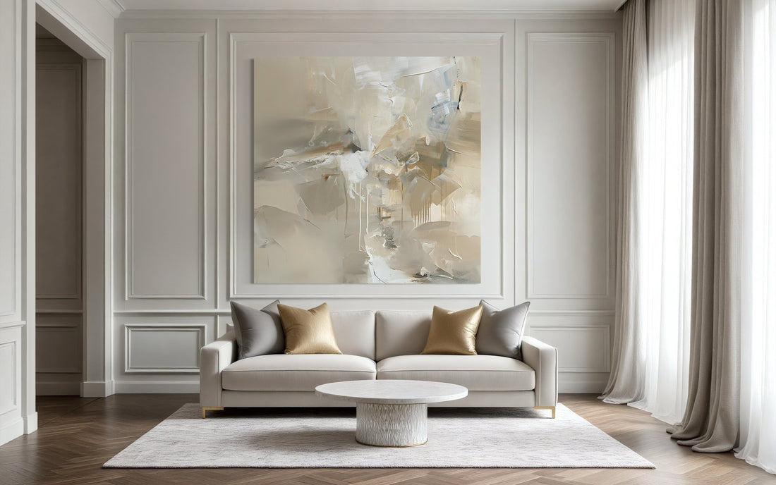 Hand-painted wall art by Kline Collective in a stylish living room, enhancing the space with elegant decor.