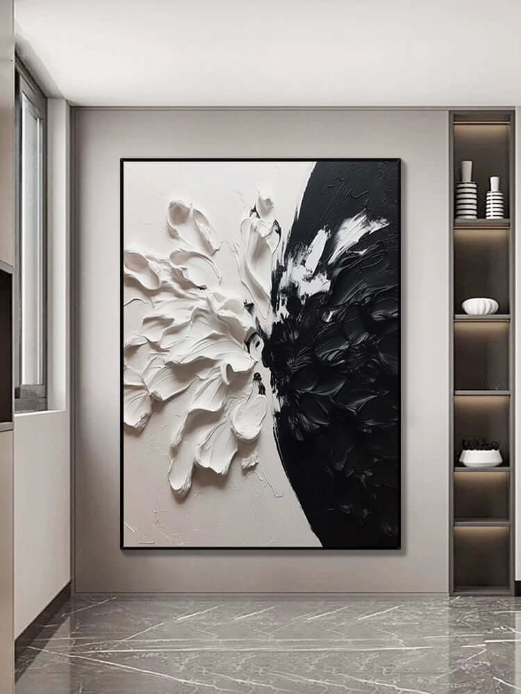 Black and White Floral Style Textured Wall Art - Hand Painting Dipinti in bianco e nero