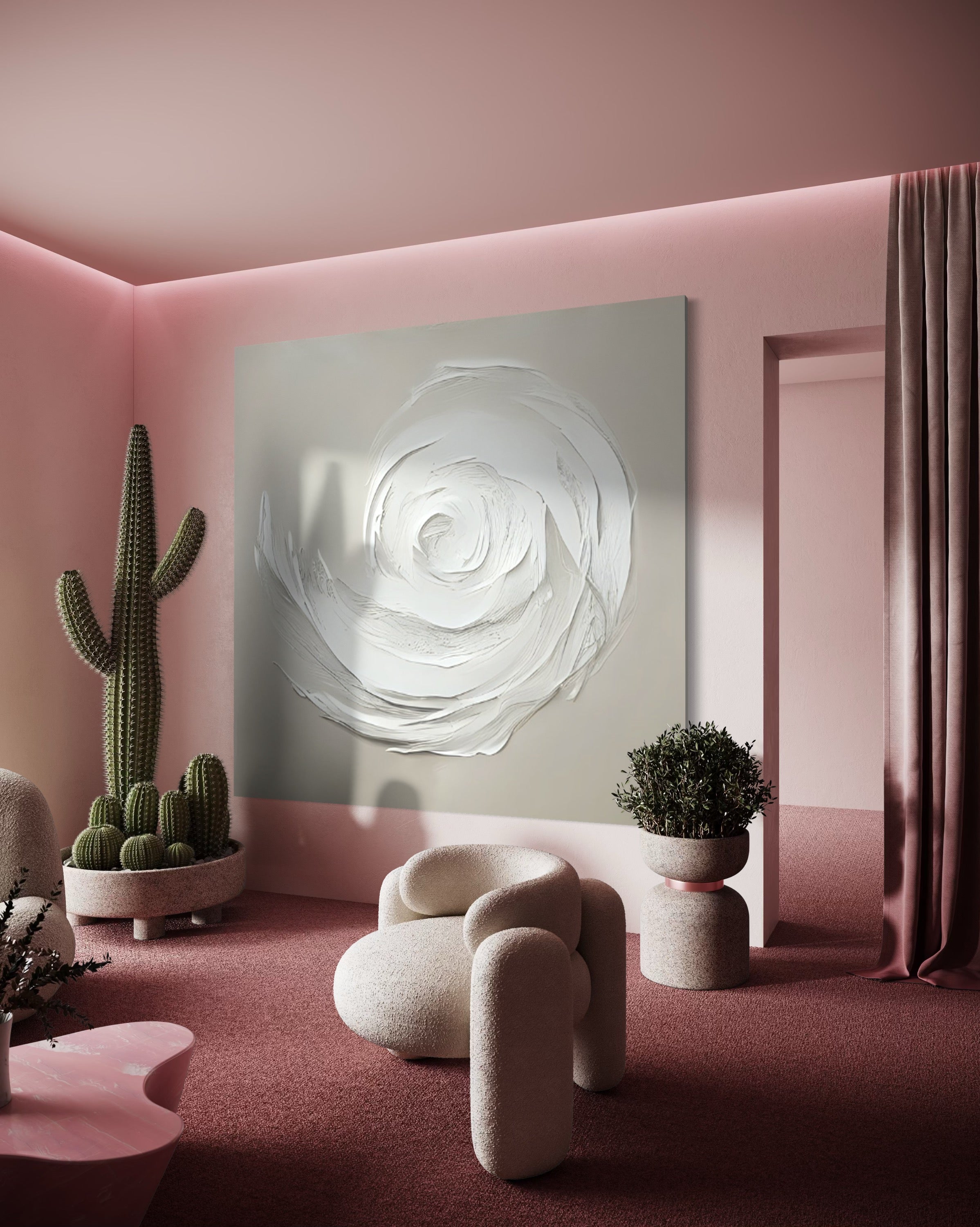 Hand-painted wall art of a rose in a modern pink room with plants and stylish decor, curated by Kline Collective.