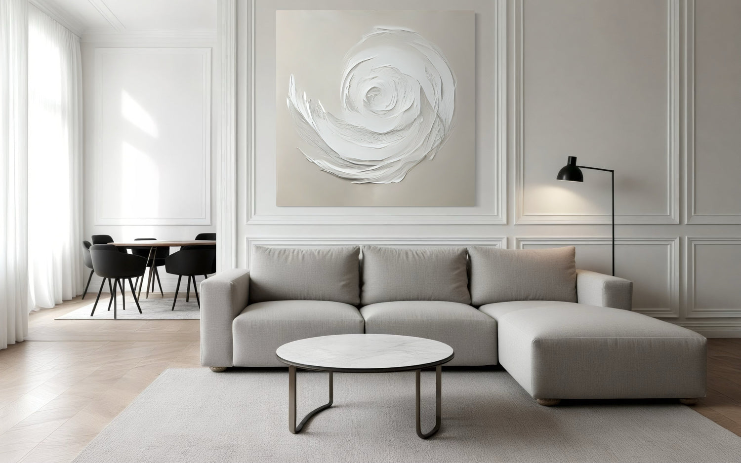 Hand-painted wall art by John Rey U. in a modern living room, enhancing the decor with a calming floral design.