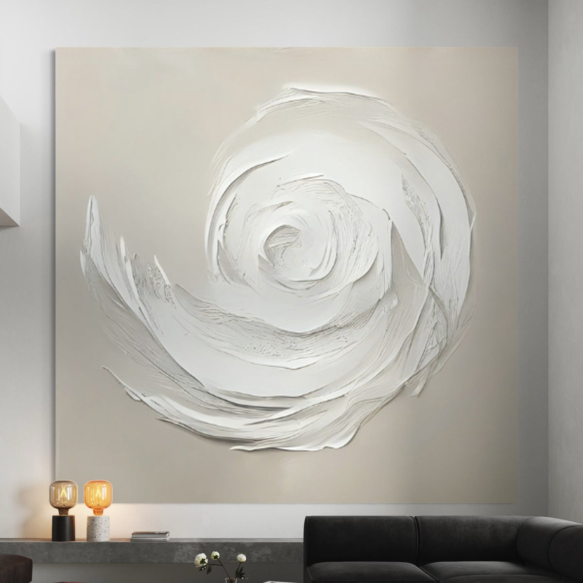 Hand-painted spiral wall art by John Rey U, featuring non-toxic acrylic on canvas, curated by Kline Collective. Peintures d'art abstrait