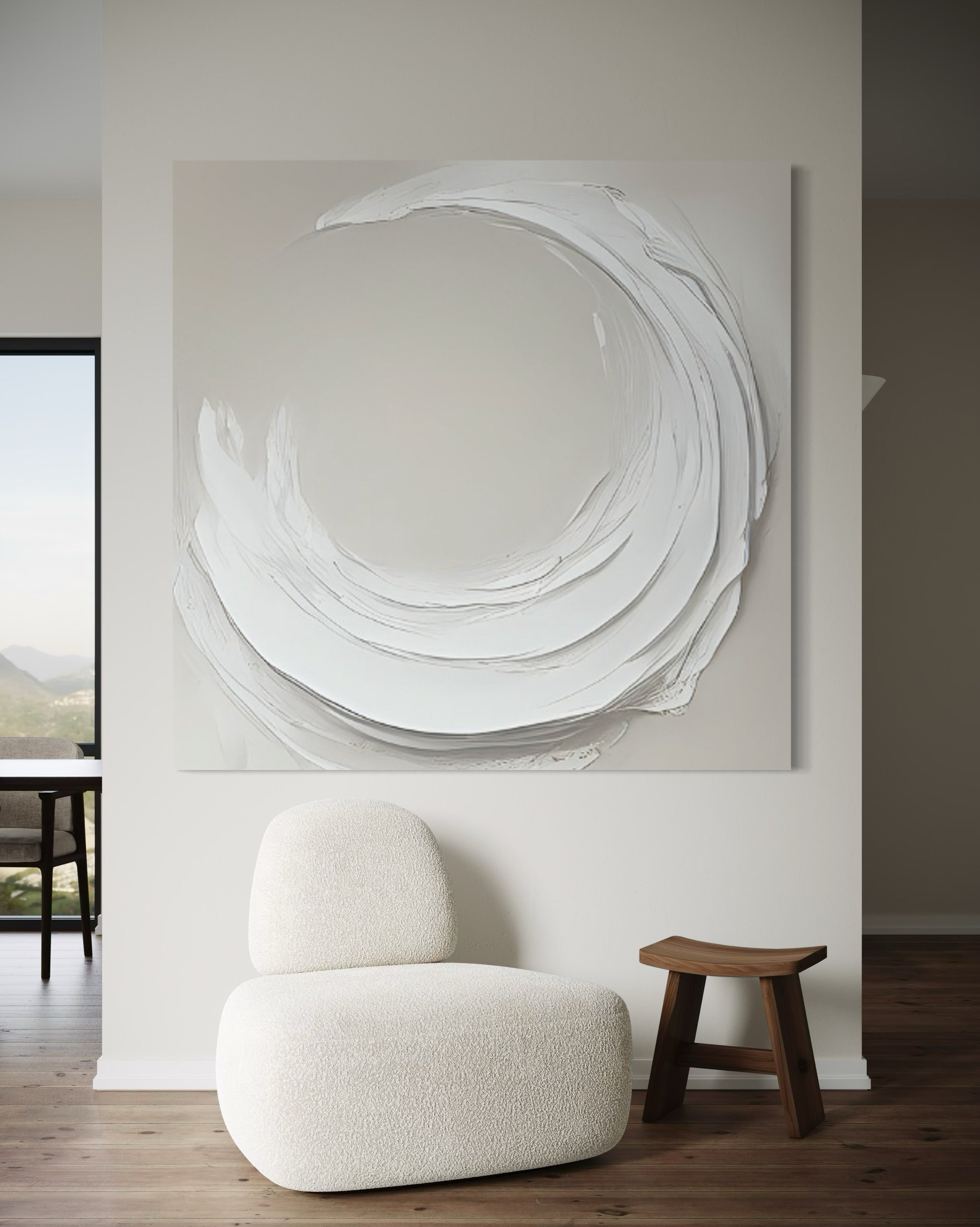 Hand-painted Zen Markings wall art by Kline Collective, featuring abstract white swirl on canvas, ready to hang.