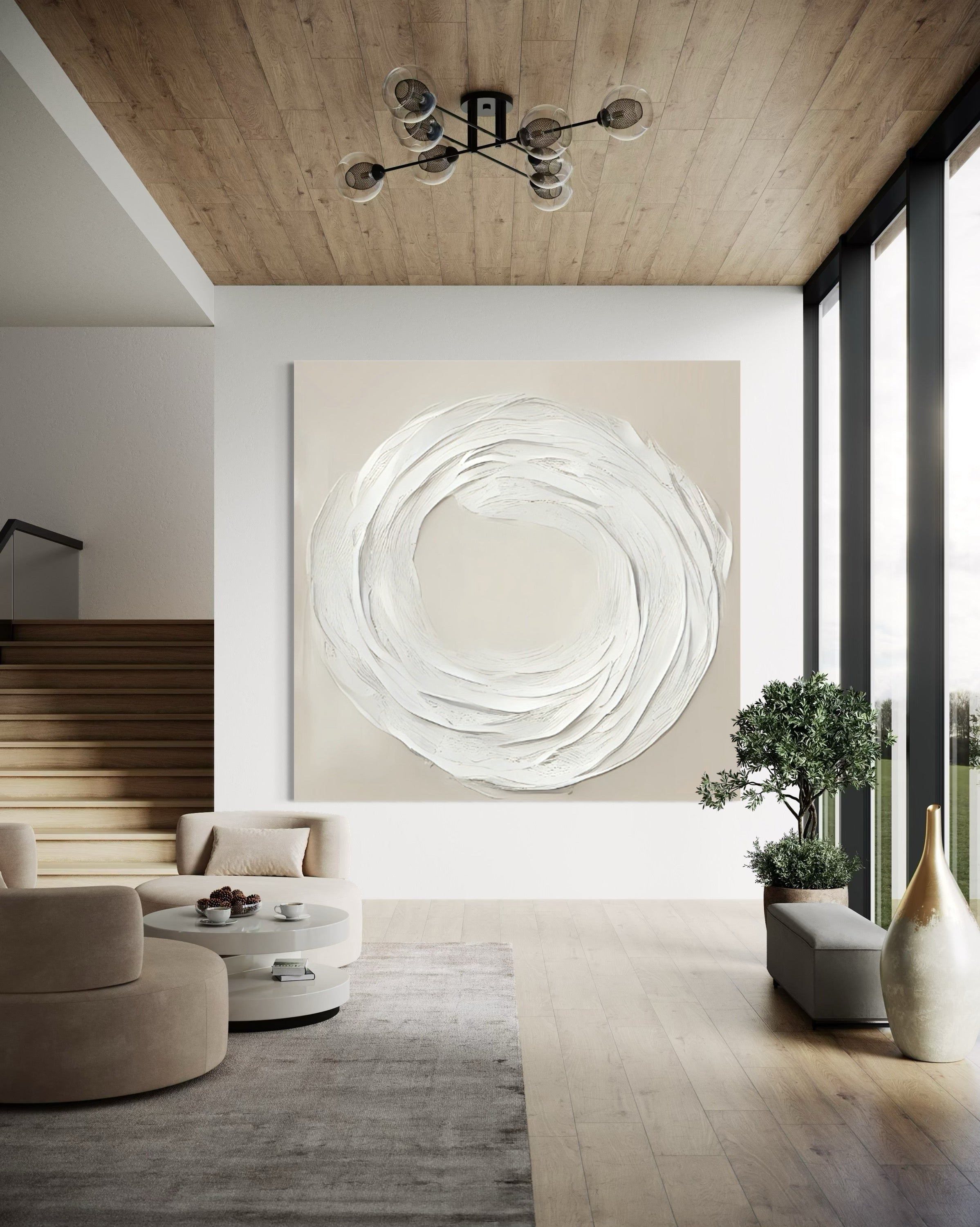 Zen Markings 3 artwork in modern living room, featuring textured beige and white tones for a serene, minimalist atmosphere.