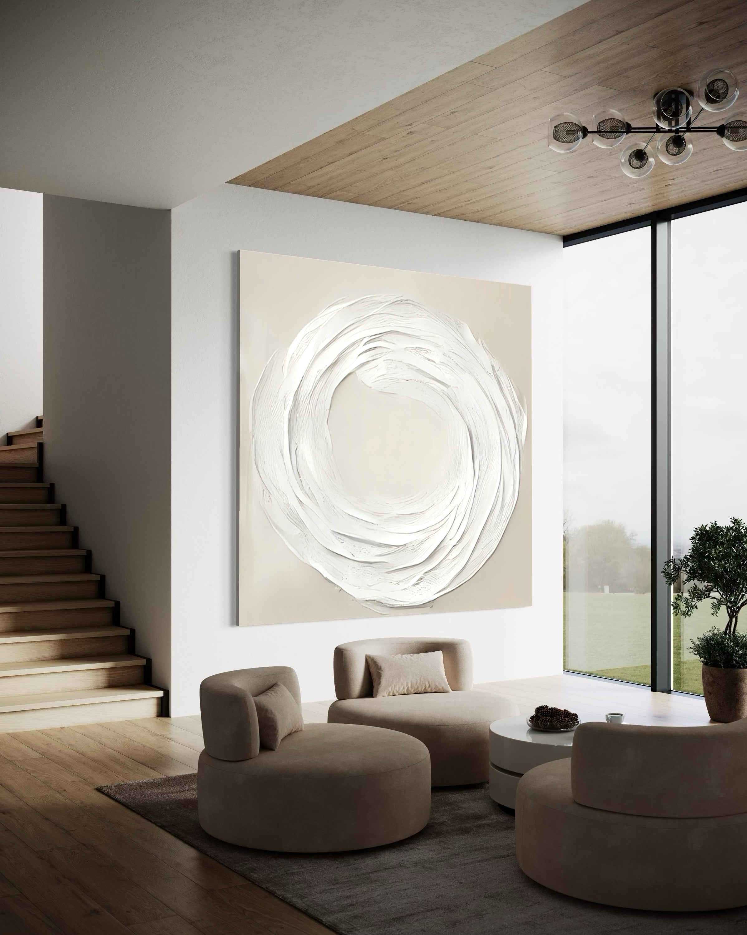 Zen Markings 3 artwork in a modern living room, featuring textured beige and white tones for a calming interior.