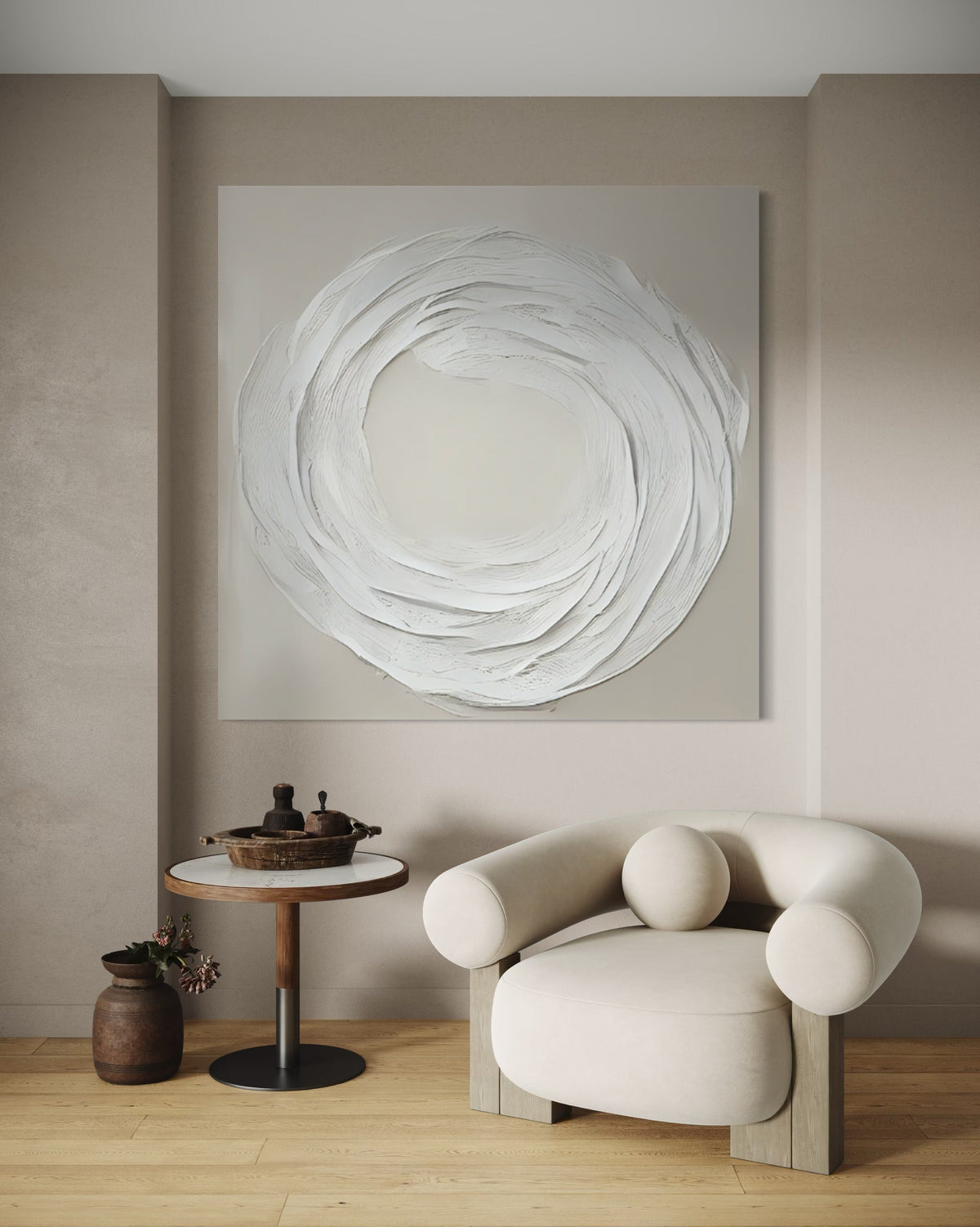 Zen Markings 3 artwork in minimalist interior, featuring textured beige and white tones, adding calm to the space. Art Above Credenza