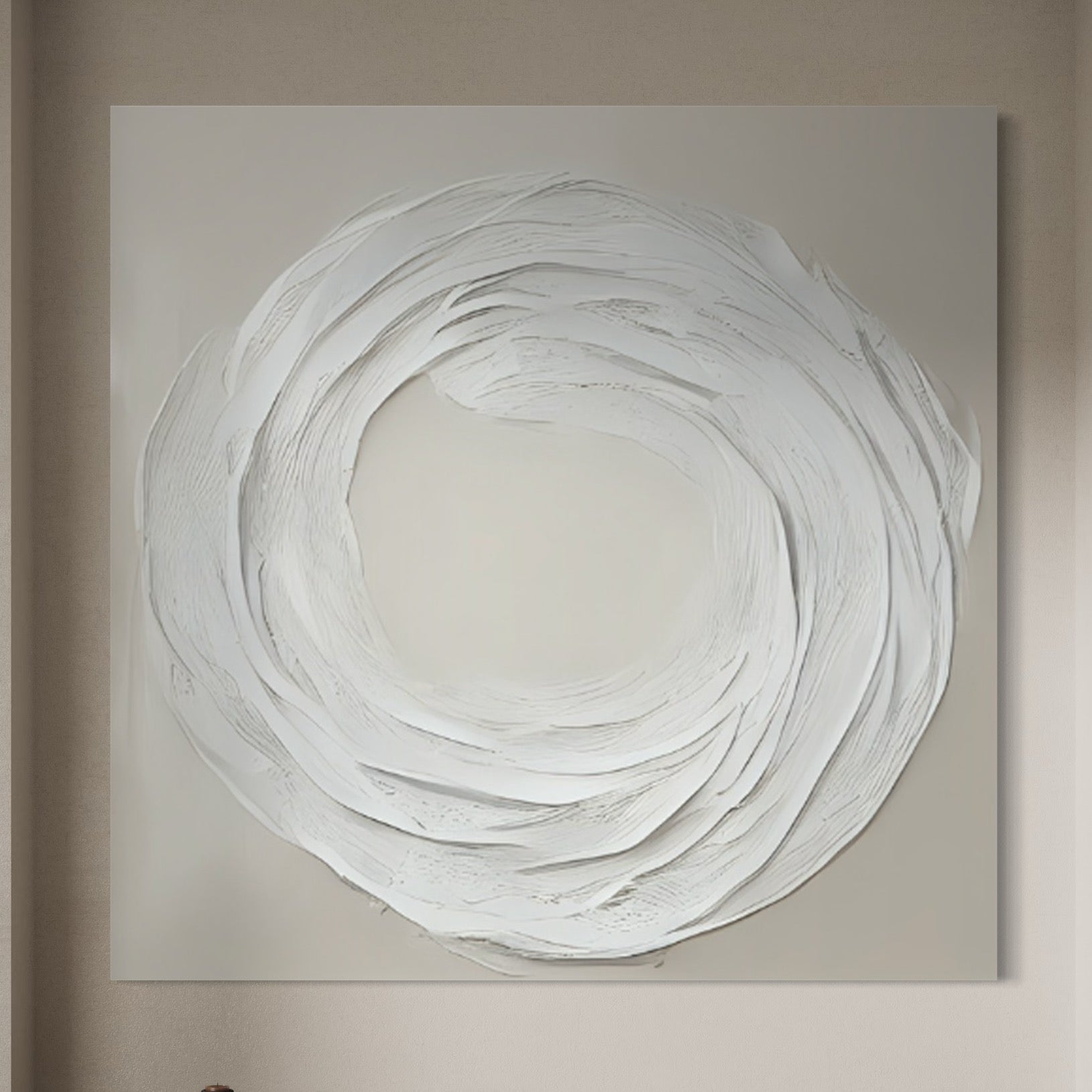 Zen Markings 3 artwork by John Rey U., featuring textured beige and white tones in a serene, minimalist design.