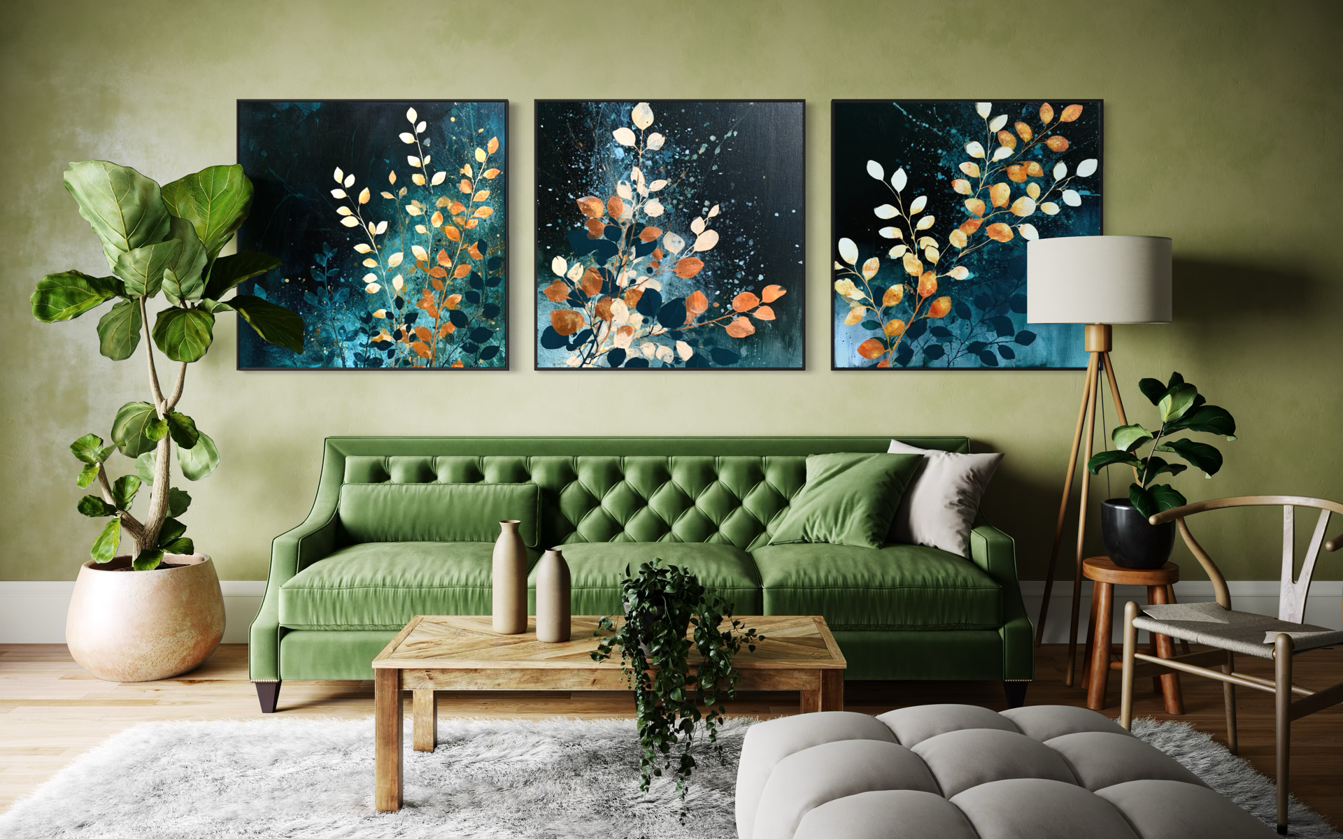 Blue Orange Florals Triptych