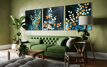 Blue Orange Florals Triptych