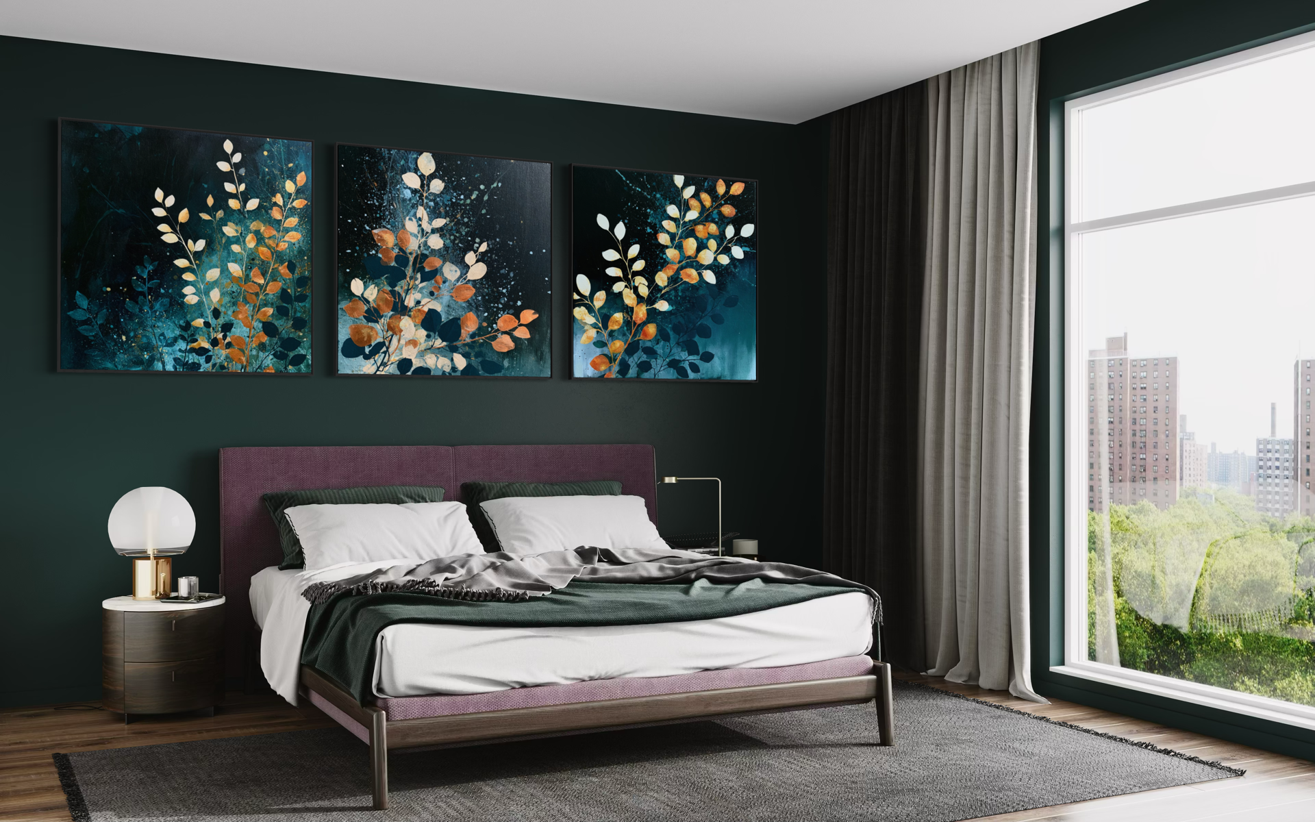 Blue Orange Florals Triptych