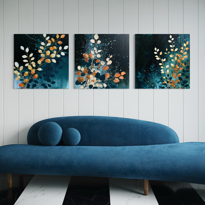 Blue Orange Florals Triptych
