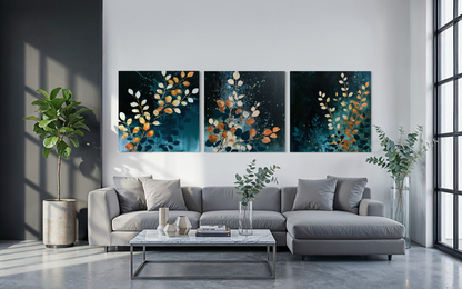 Blue Orange Florals Triptych