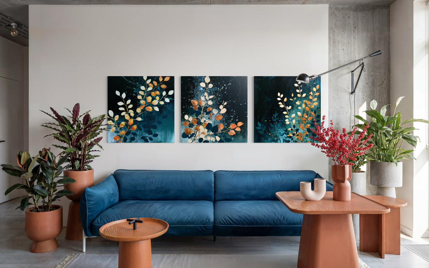 Blue Orange Florals Triptych 