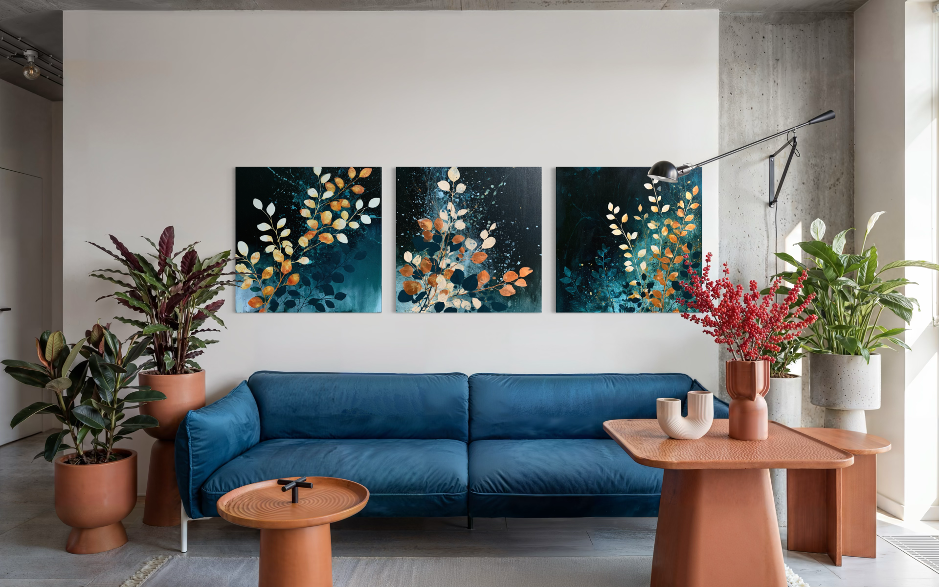 Blue Orange Florals Triptych