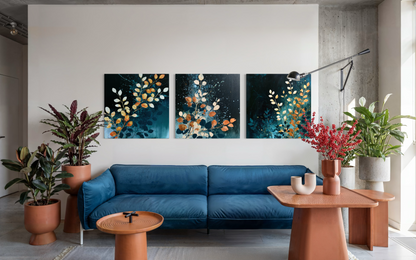 Blue Orange Florals Triptych