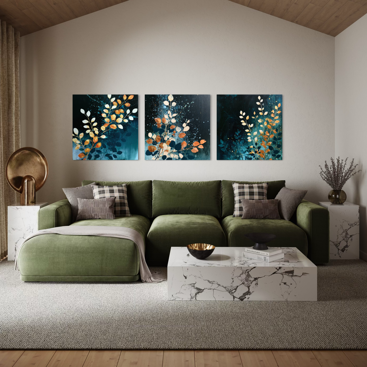 Blue Orange Florals Triptych 