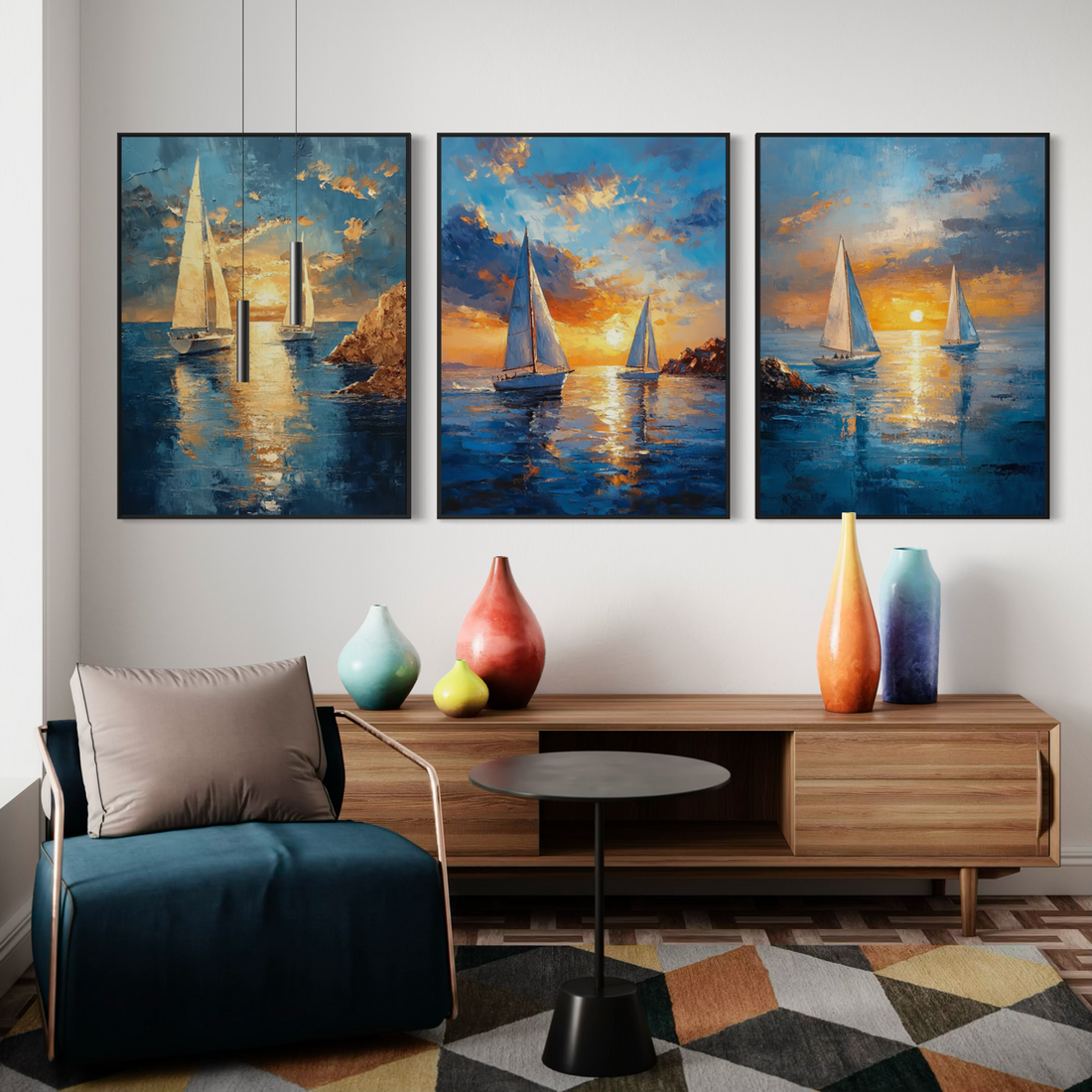 Boats Sunset Triptych