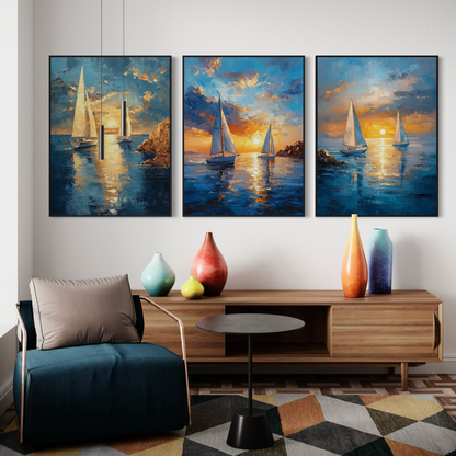 Boats Sunset Triptych