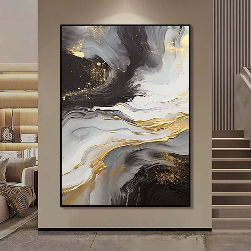 Black and White Golden Flow Textured Wall Art - Hand Painting