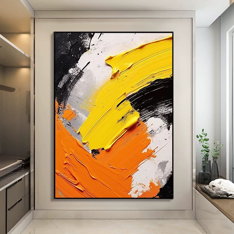 Strukturierte Wandkunst in Schwarz, Weiß, Orange und Gelb