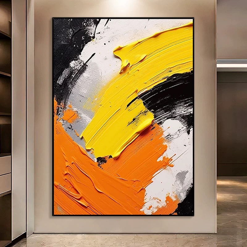 Strukturierte Wandkunst in Schwarz, Weiß, Orange und Gelb