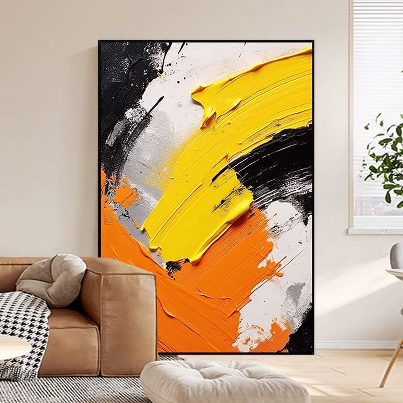 Strukturierte Wandkunst in Schwarz, Weiß, Orange und Gelb