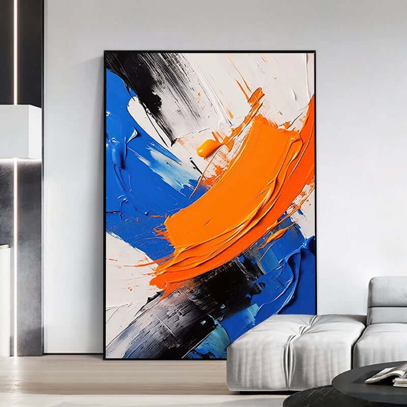 Black White Blue and Orange Textured Wall Art - Hand Painting