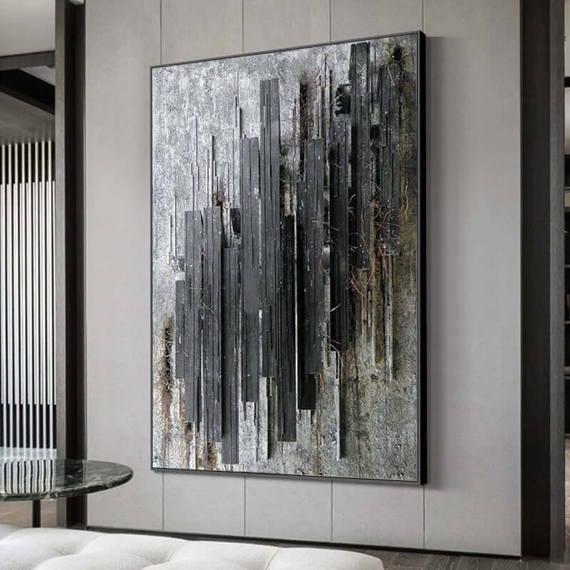 Dark Charcoal Textured Stripes Art - Hand Painting Home Office Wall Art