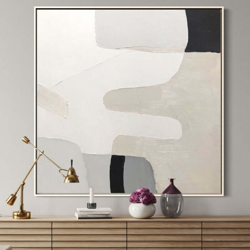 Hand-painted abstract wall art, modern design in neutral tones by Kline Collective, ready to hang.