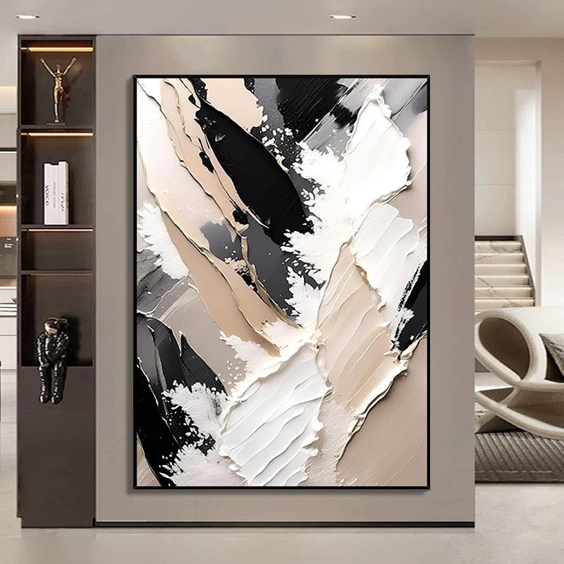 Custom size beige, black, and white textured art on museum-quality canvas, ready to hang.